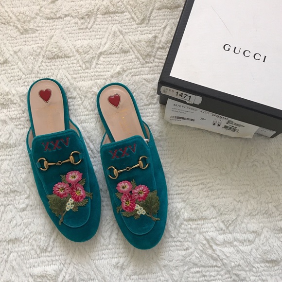 Gucci Shoes - Gucci teal velvet princetown loafers